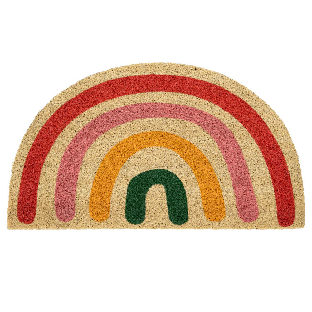 Paillasson semi-circulaire avec dessin arc-en-ciel en fibres de coco.
