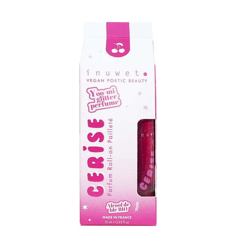 Roll-on parfumé et pailleté, parfum cerise, packaging.
