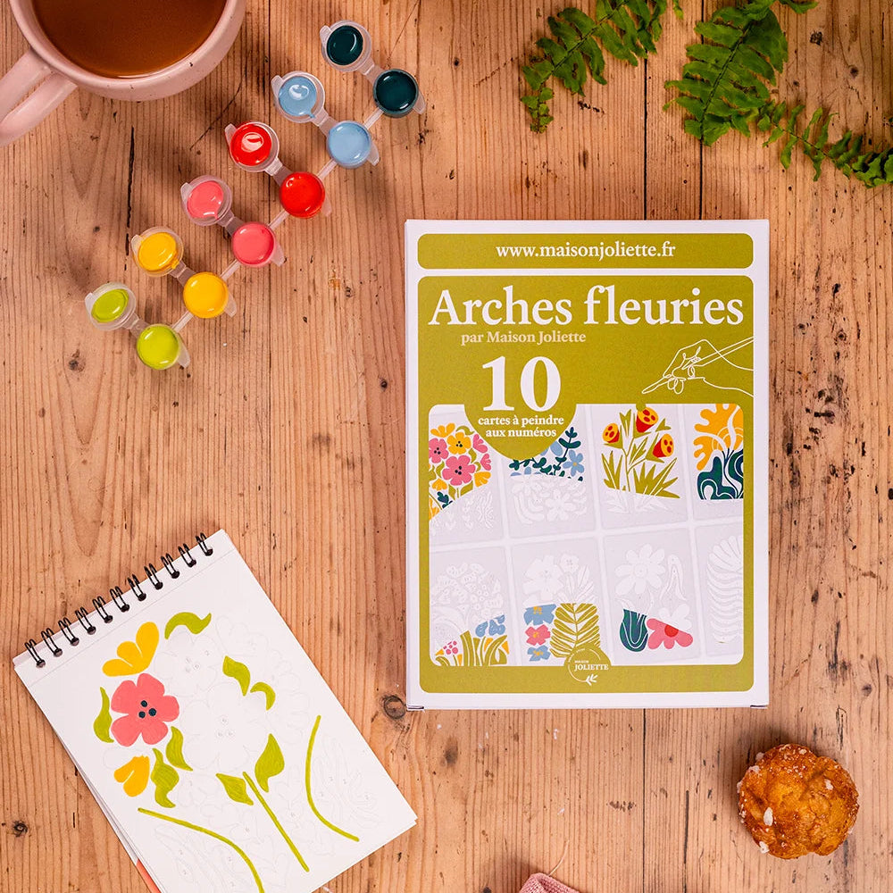 Peinture aux numéros, coffret de cartes à peindre, thème : arches fleuries.