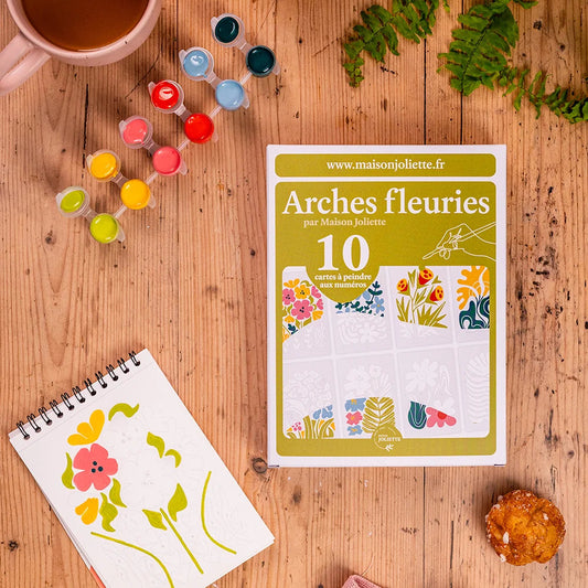 Peinture aux numéros, coffret de cartes à peindre, thème : arches fleuries.