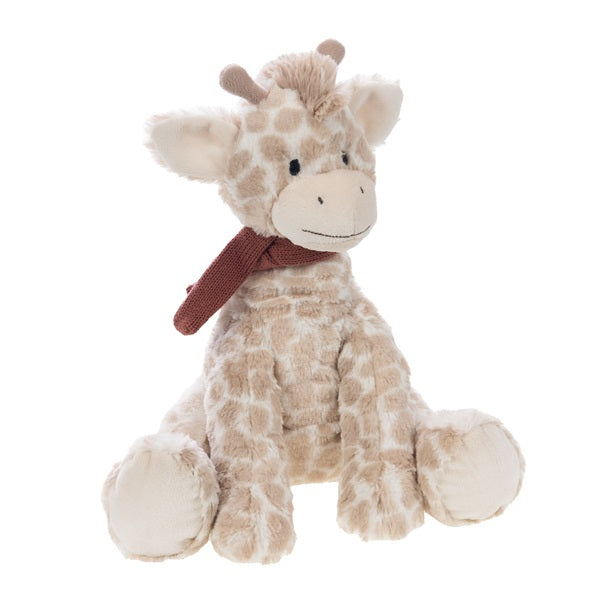 Peluche toute douce en forme de girafe avec une petite écharpe tricotée.