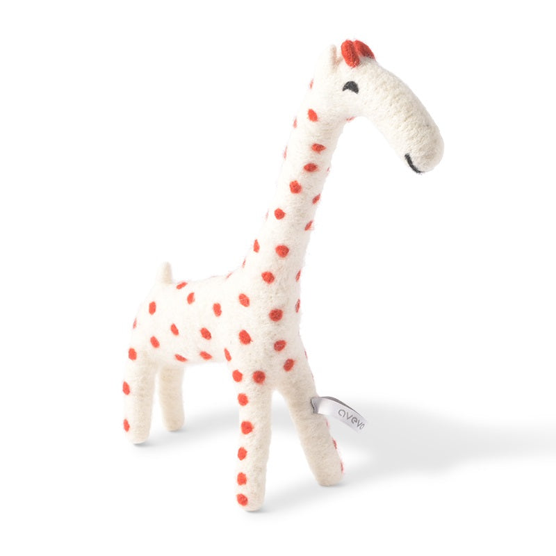 Peluches en laine feutrée, modèle girafe à pois oranges.