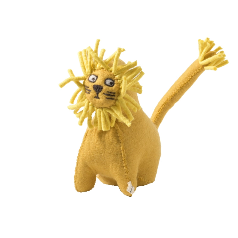 Peluche en laine feutrée en forme de lion jaune. 