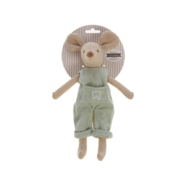 Peluche en forme de souris avec une poche sur sa salopette pour y glisser une pièce.