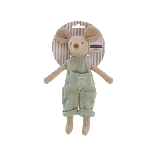 Peluche en forme de souris avec une poche sur sa salopette pour y glisser une pièce.