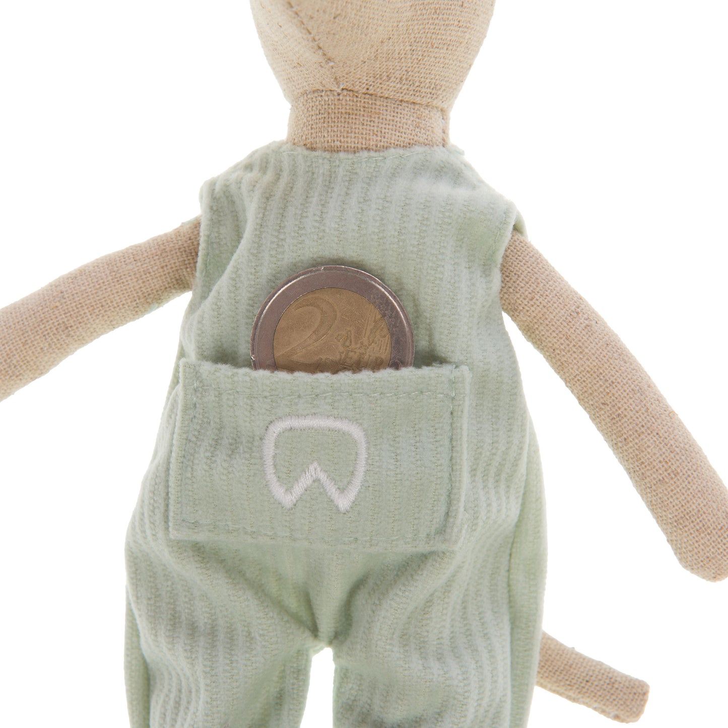 Peluche en forme de souris avec une poche sur sa salopette pour y glisser une pièce.