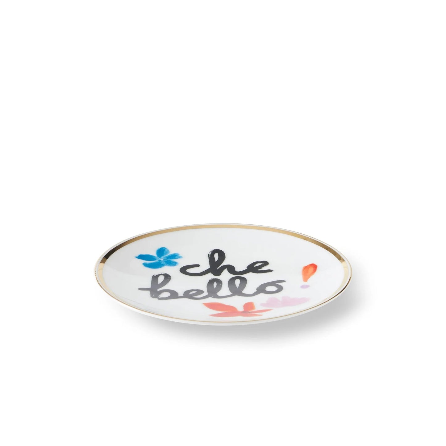 Petite assiette Bitossi, inscription "che bello" avec fleurs rouge et bleu avec bord doré.