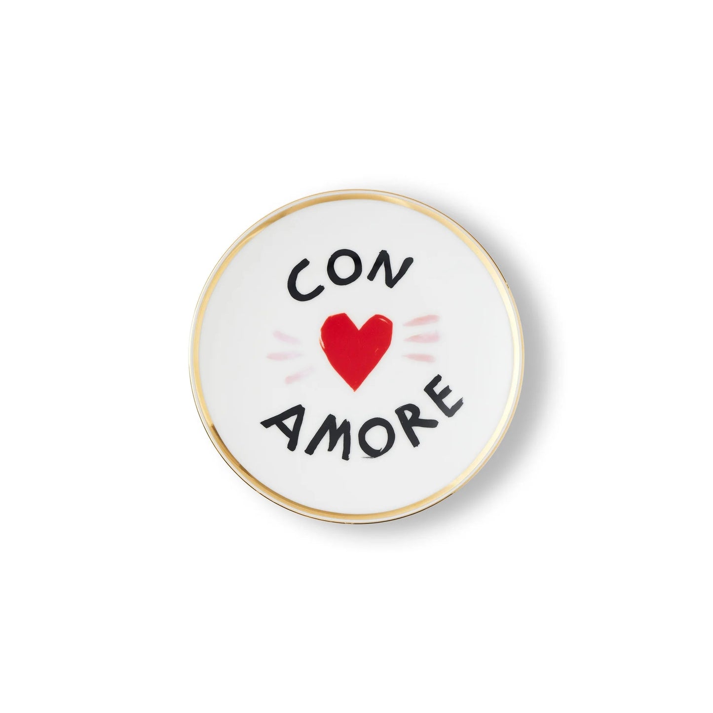 Petite assiette blanche Bitossi, inscription "con amore" en noir avec coeur rouge au centre et bord doré.