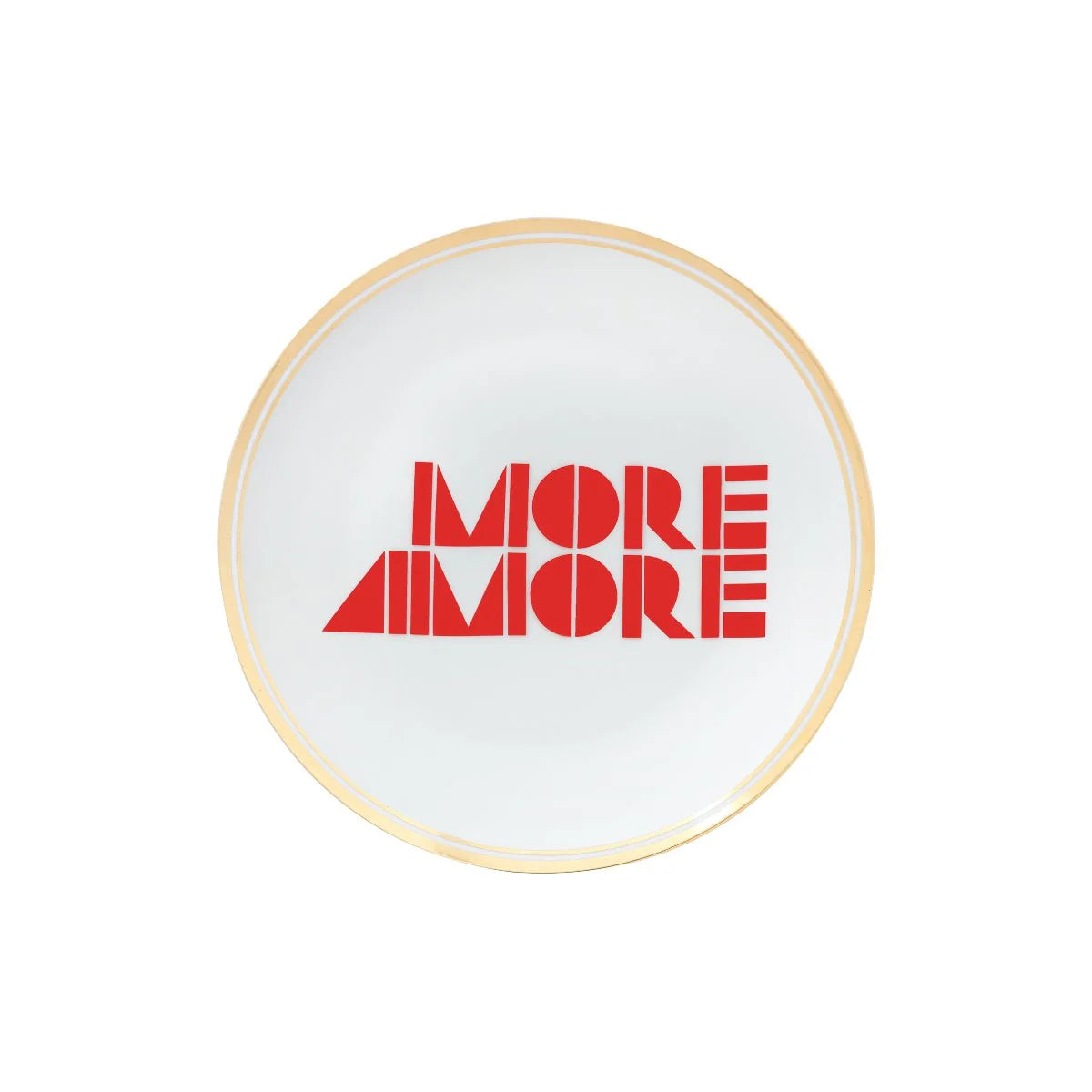 Petite assiette blanche Bitossi, inscription "More Amore" en rouge avec bord doré.