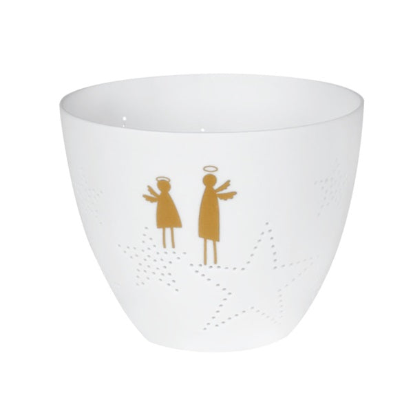 Photophore rond en porcelaine blanche  avec des anges dorés et des étoiles perforées.