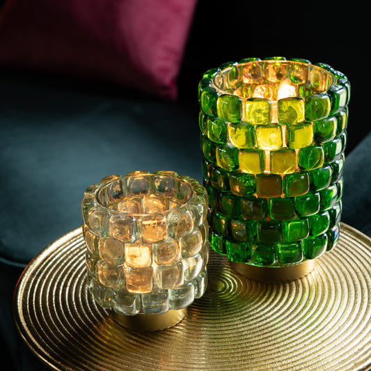 Duo de photophores cylindriques avec des mosaïques transparentes. 