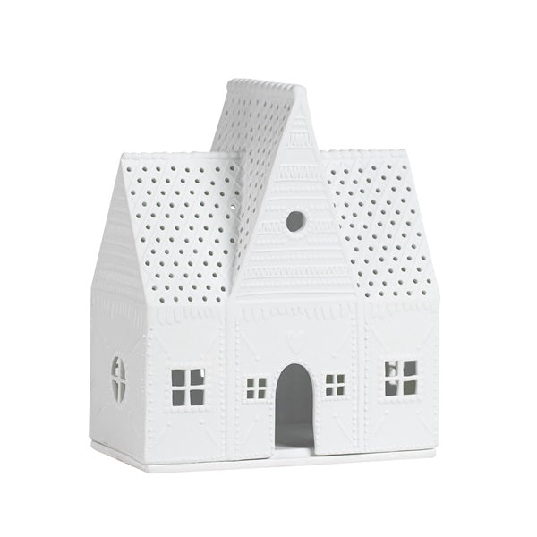 Photophore en porcelaine blanche en forme de maison en pain d'épices, grand modèle.