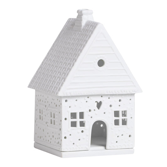 Photophore en porcelaine blanche en forme de maison en pain d'épices, petit modèle.