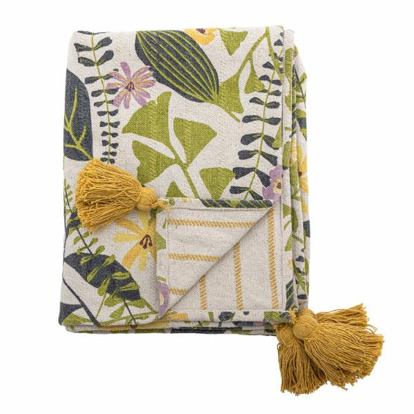 Plaid en coton recyclé, motif botanique et floral