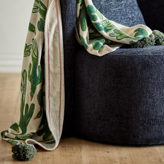 Plaid en coton recyclé, motif oiseaux verts