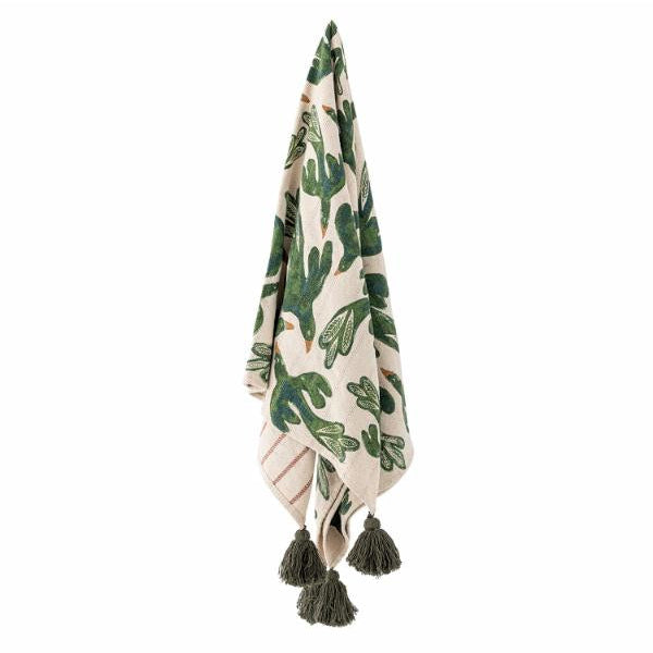 Plaid en coton recyclé, motif oiseaux verts
