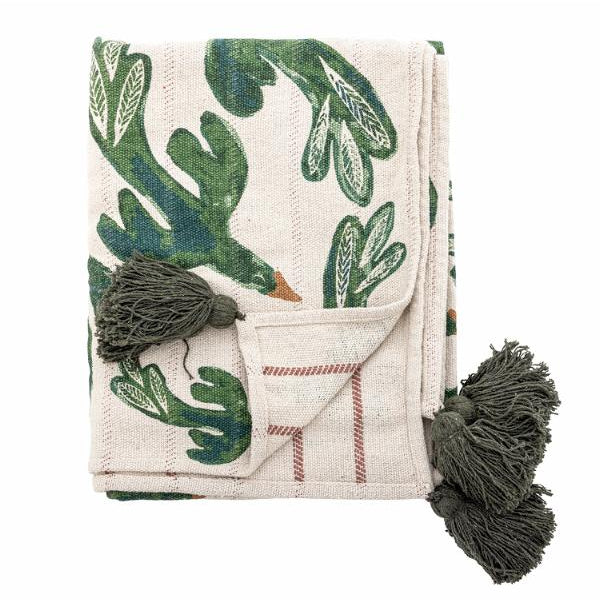 Plaid en coton recyclé, motif oiseaux verts