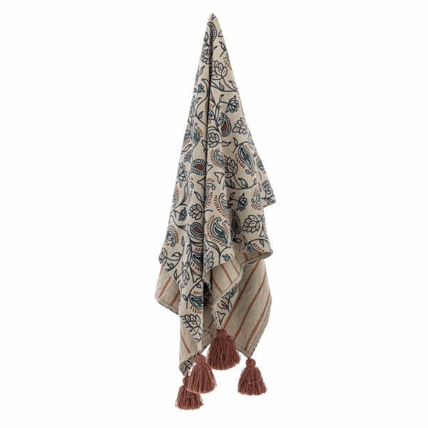 PLAID EN COTON RECYCLE FLEUR ET RAYURES REVERSIBLE