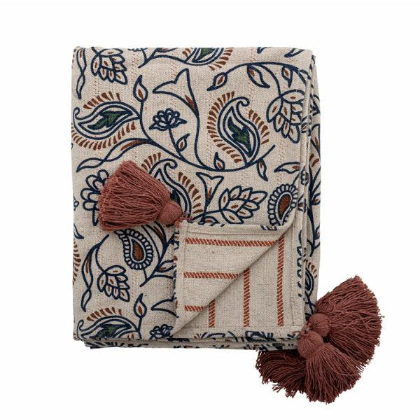 PLAID EN COTON RECYCLE FLEUR ET RAYURES REVERSIBLE