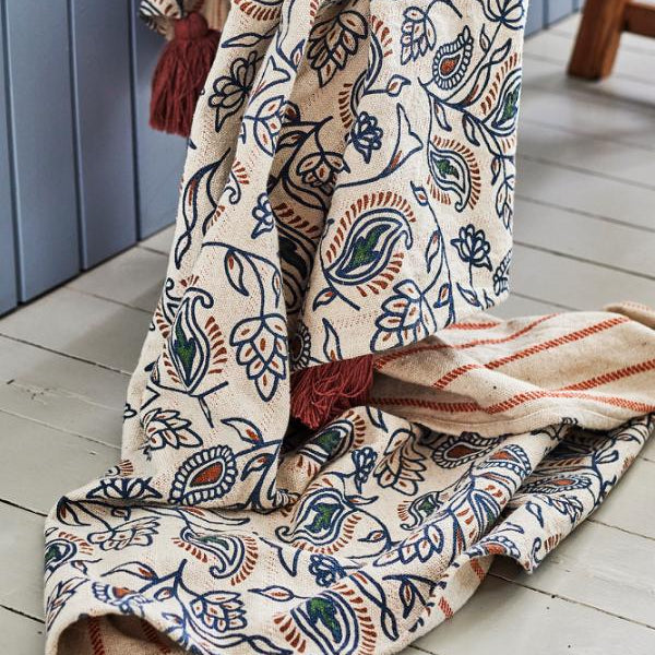 PLAID EN COTON RECYCLE FLEUR ET RAYURES REVERSIBLE