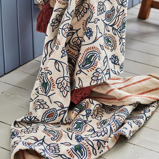 PLAID EN COTON RECYCLE FLEUR ET RAYURES REVERSIBLE