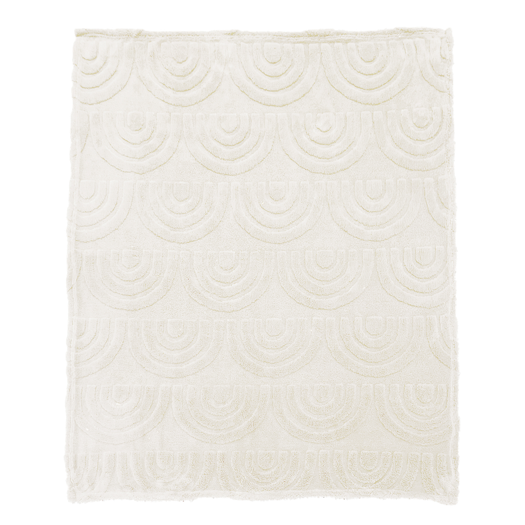 Plaid en moumoute blanc tout doux avec des motifs arc de cercles.