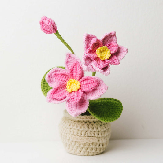 Fleurs de lotus roses en crochet en pot. 