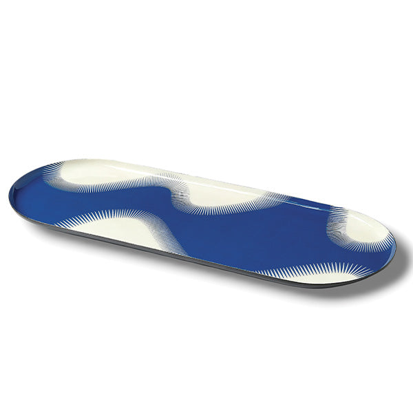 Plateau arrondi aux formes vibrantes et dynamiques, modèle Wave, coloris bleu et blanc.