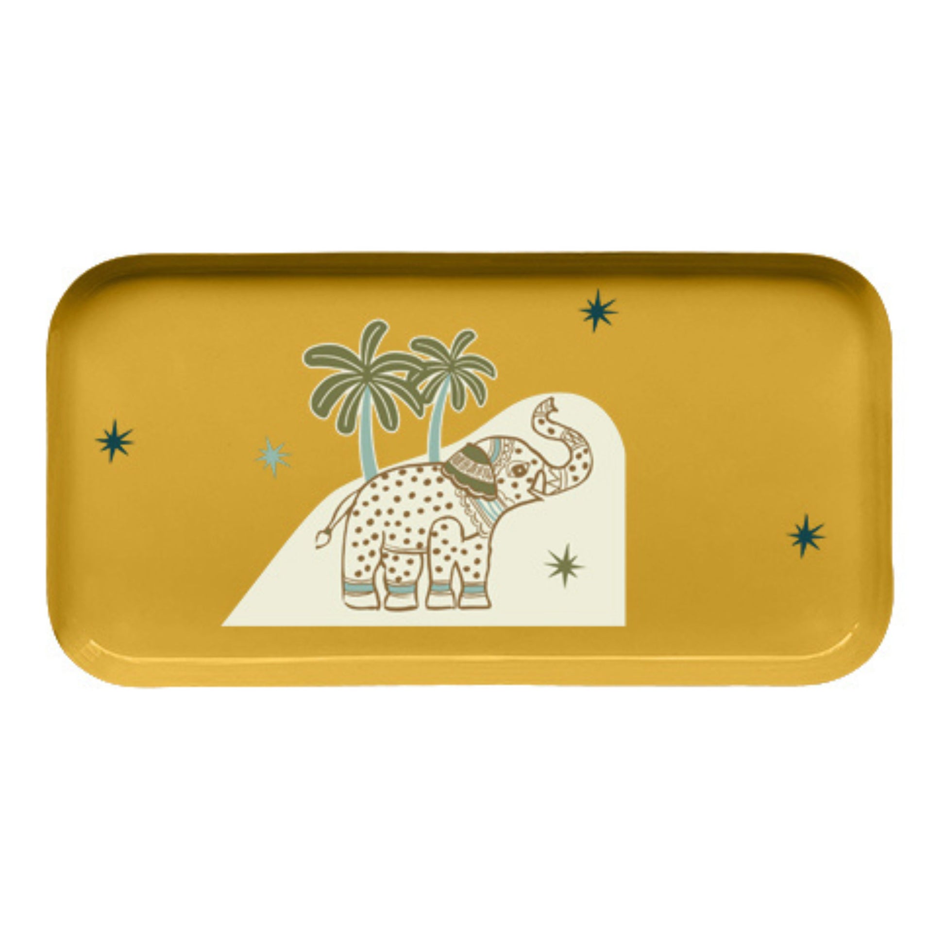 Plateau rectangulaire en métal avec des dessins d'éléphant en beige sur fond jaune. 