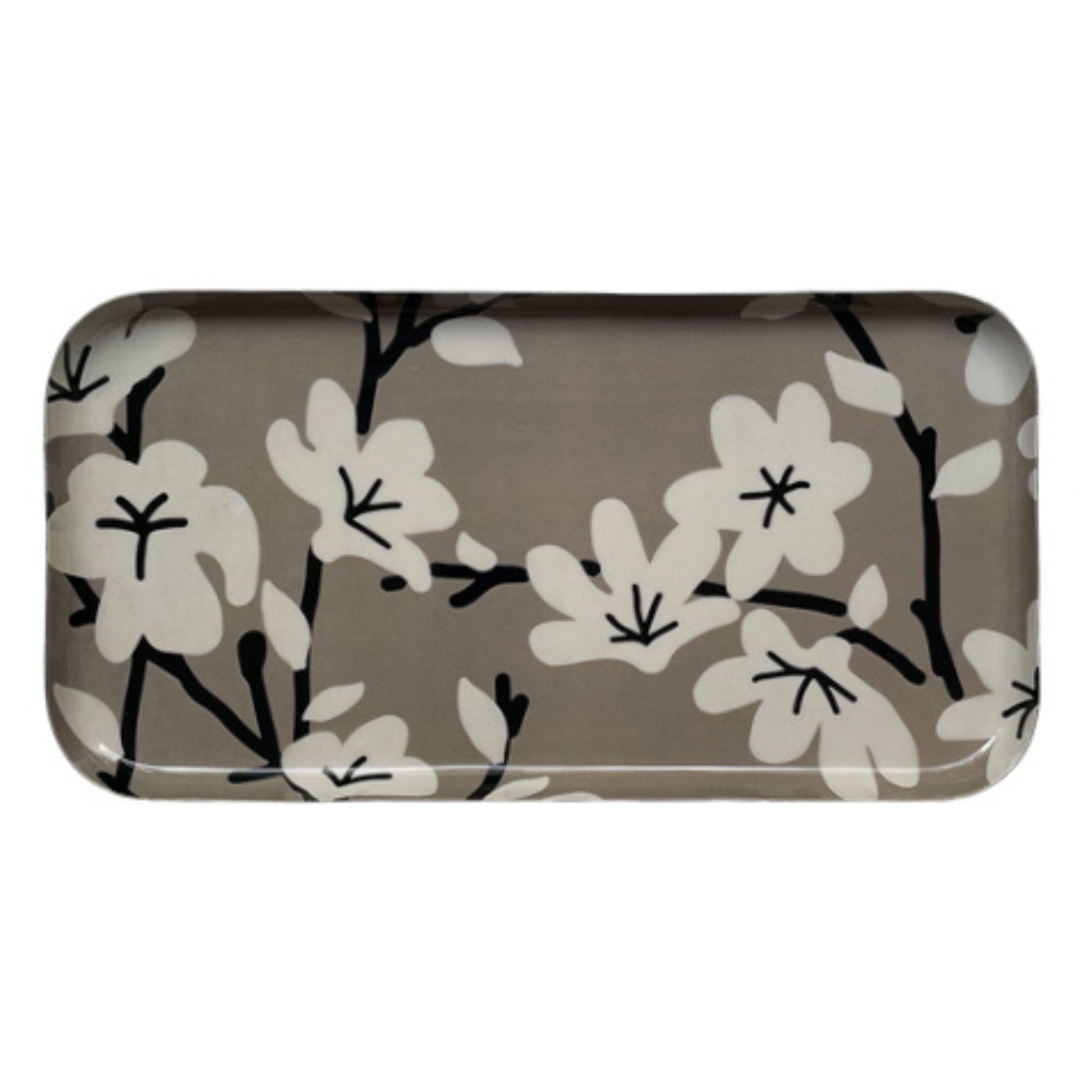 Plateau rectangulaire en métal avec des dessins de fleurs en blanc sur fond beige. 