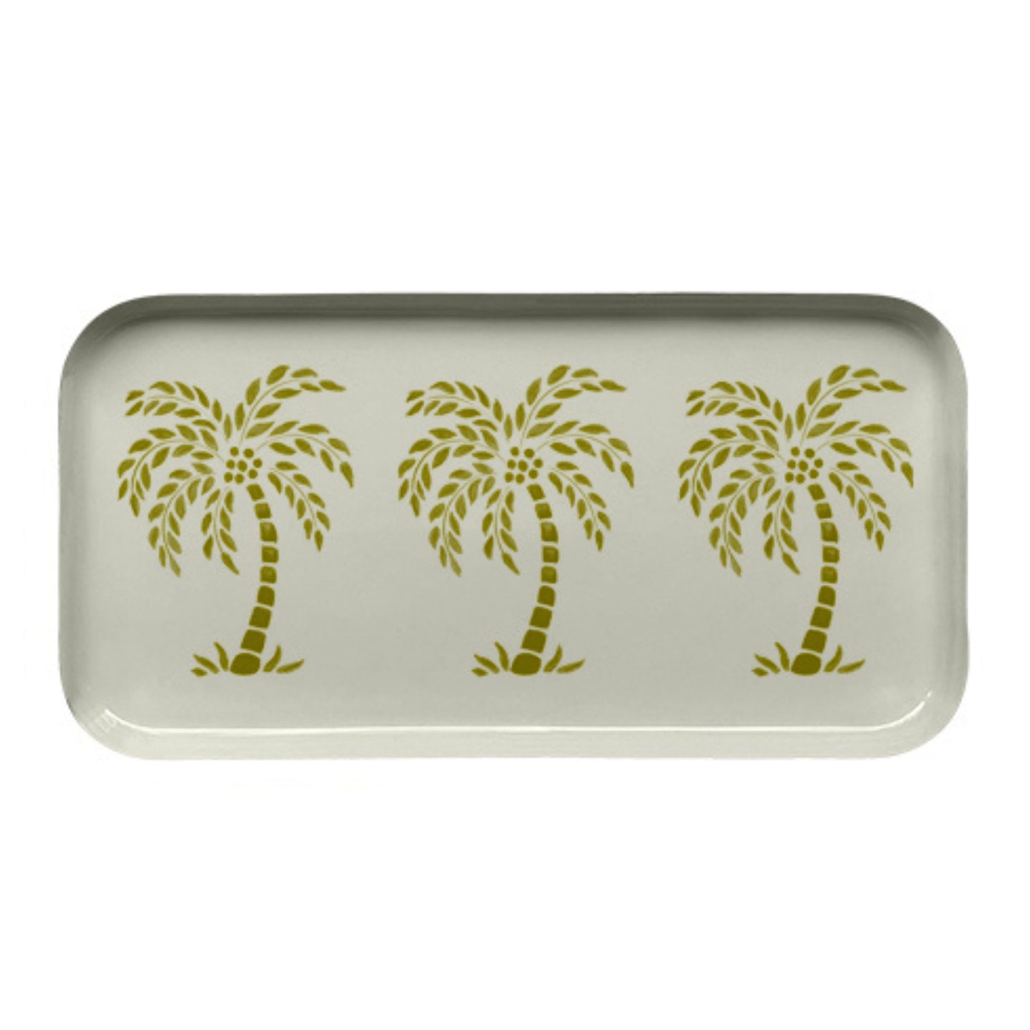 Plateau rectangulaire en métal avec des dessins de palmiers en vert kaki sur fond beige. 