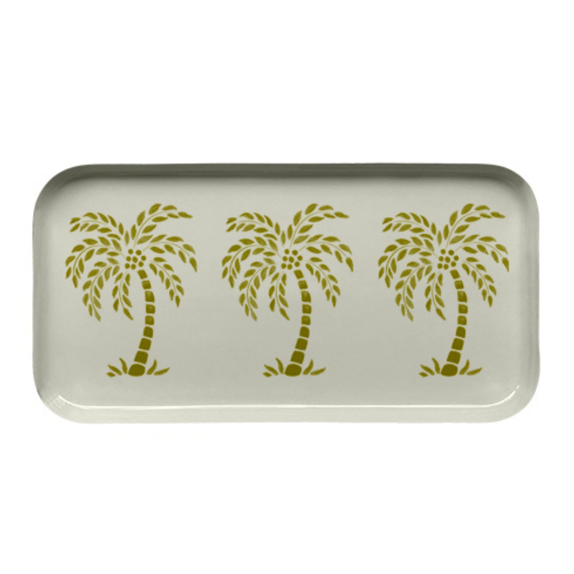 Plateau rectangulaire en métal avec des dessins de palmiers en vert kaki sur fond beige. 