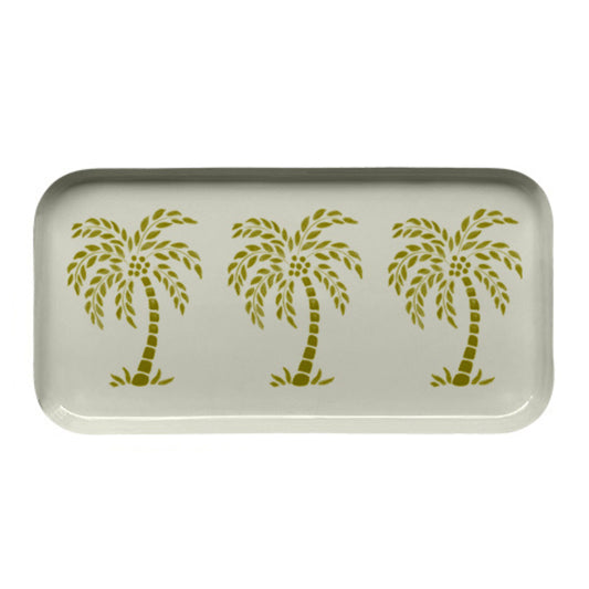 Plateau rectangulaire en métal avec des dessins de palmiers en vert kaki sur fond beige. 