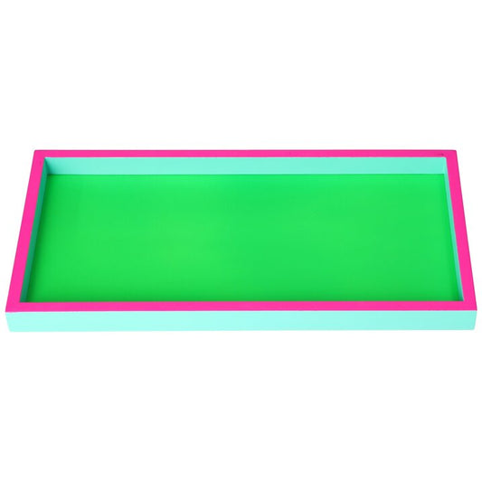 Plateau rectangulaire en mdf de couleurs vert fluo, rose fluo et turquoise. 