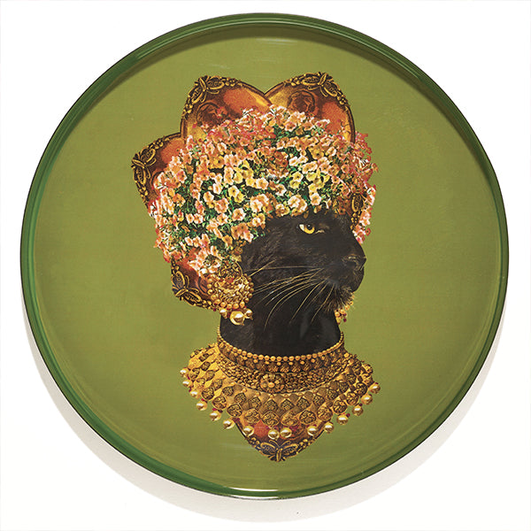 Plateau rond en métal, modèle Baghera, fond vert kaki. 