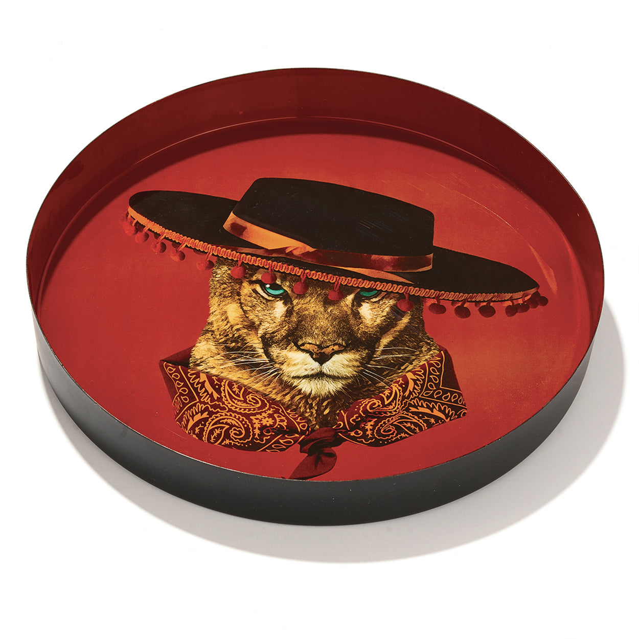 Plateau rond en métal, modèle Bandino, fond orangé rouge. 