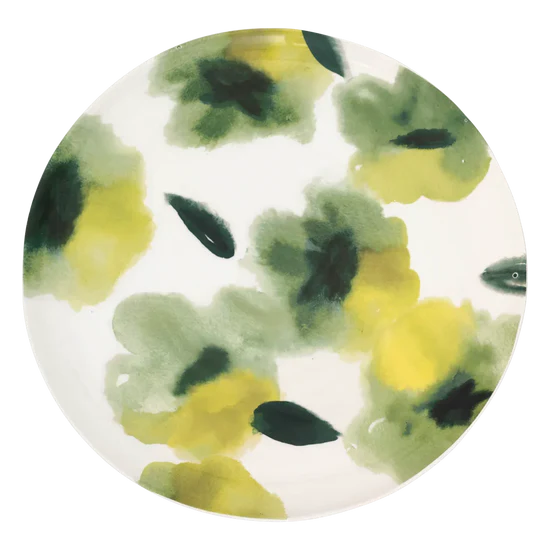 PLAT EN CERAMIQUE ARTISANALE FLEURI  VERT ET JAUNE - LA PETITE BOITE JAUNE