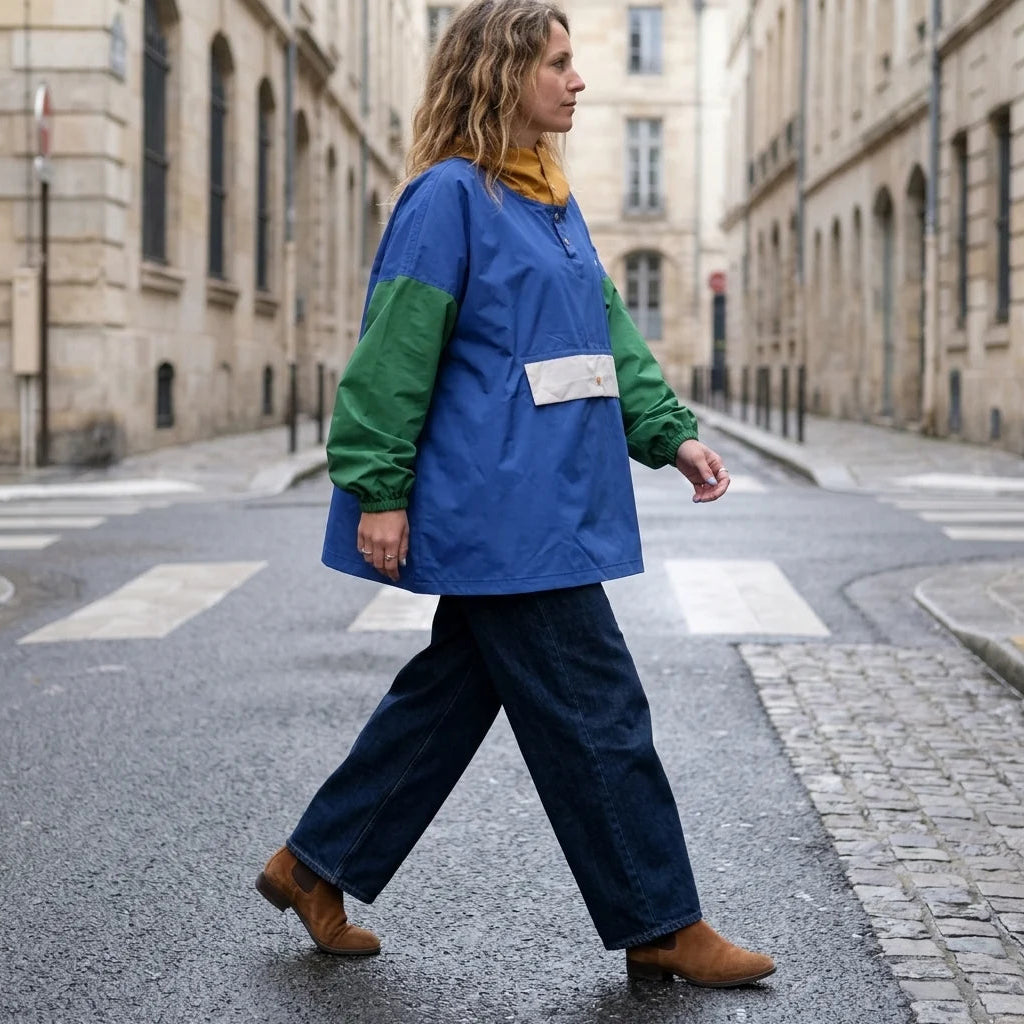Poncho de pluie imperméable court, tricolore bleu, vert et jaune.
