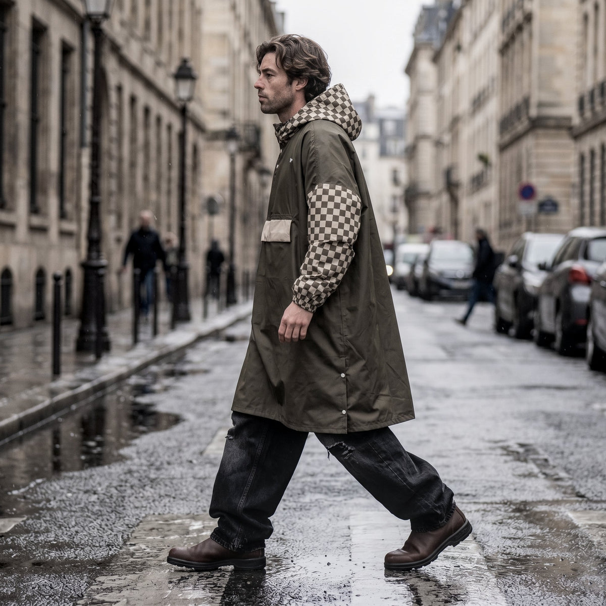 Poncho de pluie long imperméable, marron à motif damier.