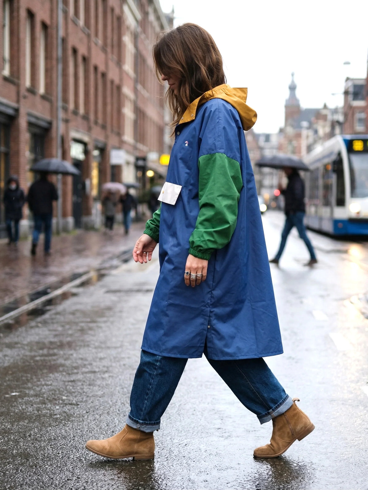 Poncho de pluie long imperméable, tricolore bleu vert et jaune