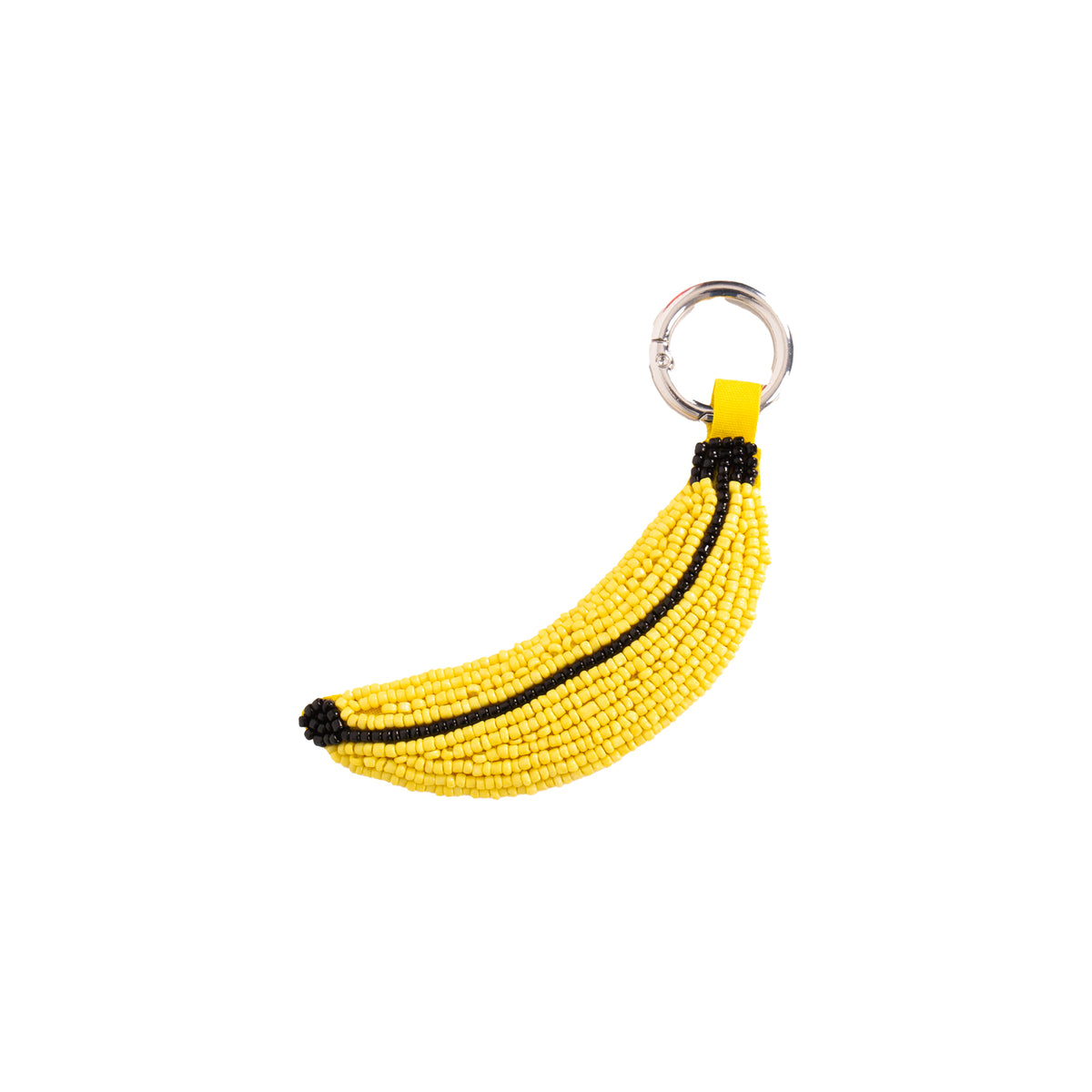 Porte-clé en broderie perlée rembourrée, en forme de banane jaune.