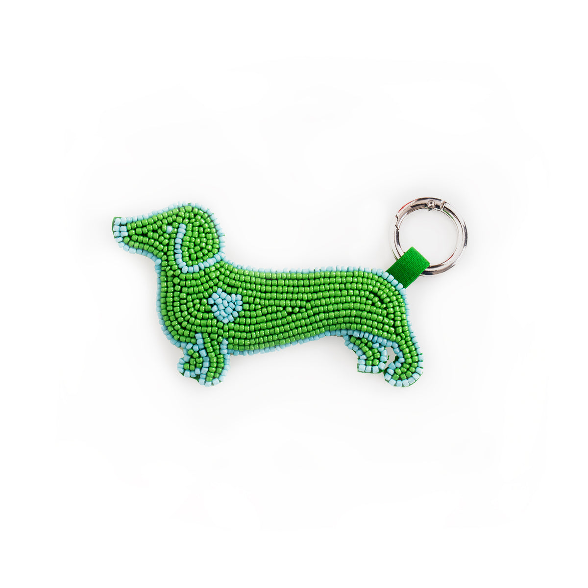 Porte-clé en broderie perlée rembourrée, en forme de chien vert et bleu.