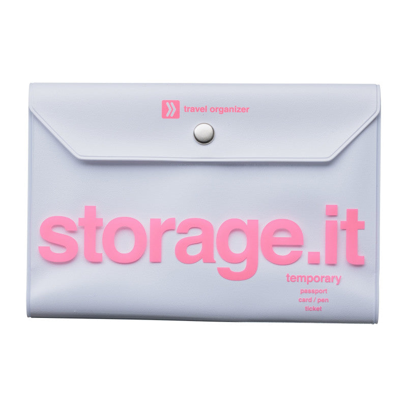Porte-documents de voyage blancoir avec écriture rose fluo. 