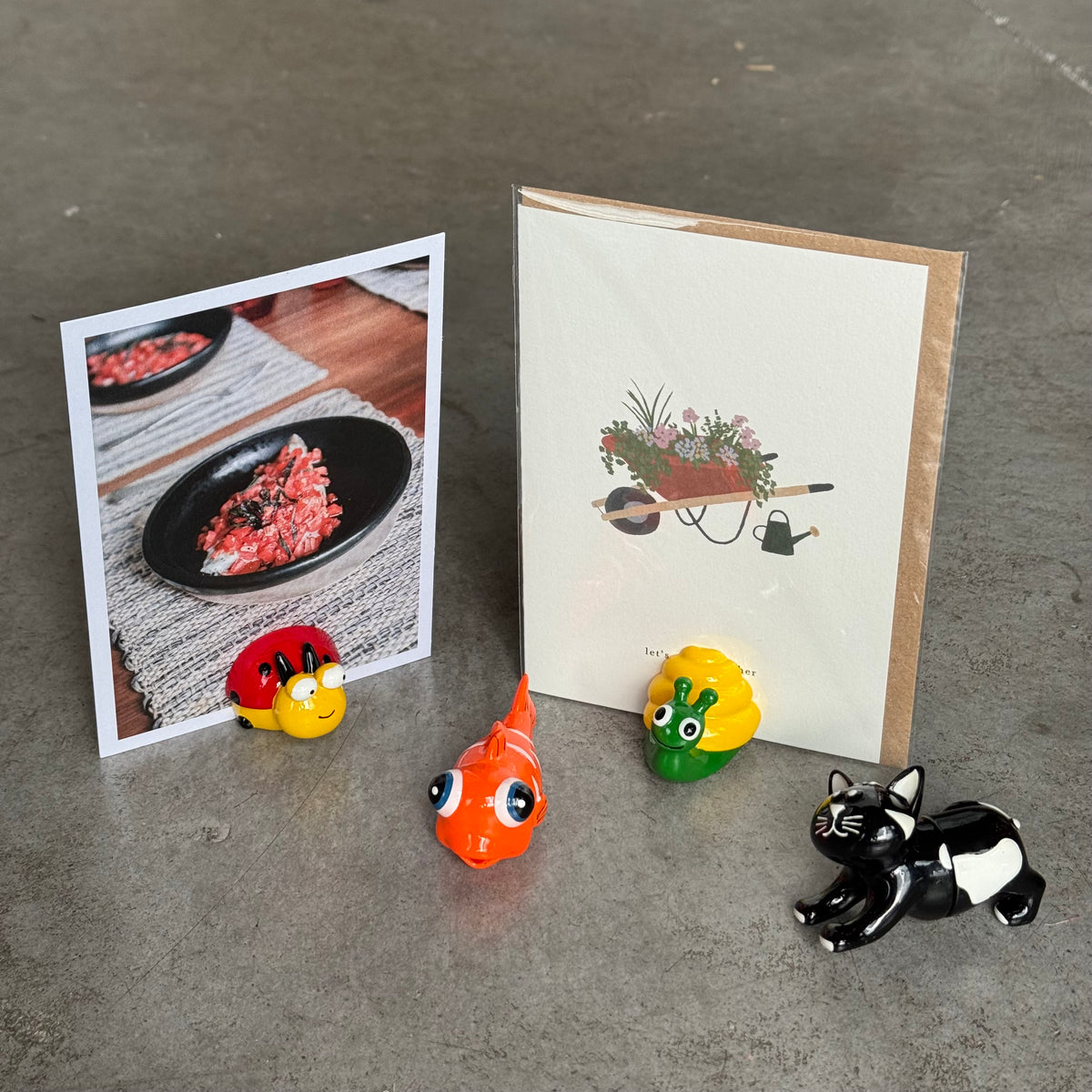 Porte-photos aimantés en forme d'animaux : poisson, chat, escargot et coccinelle.