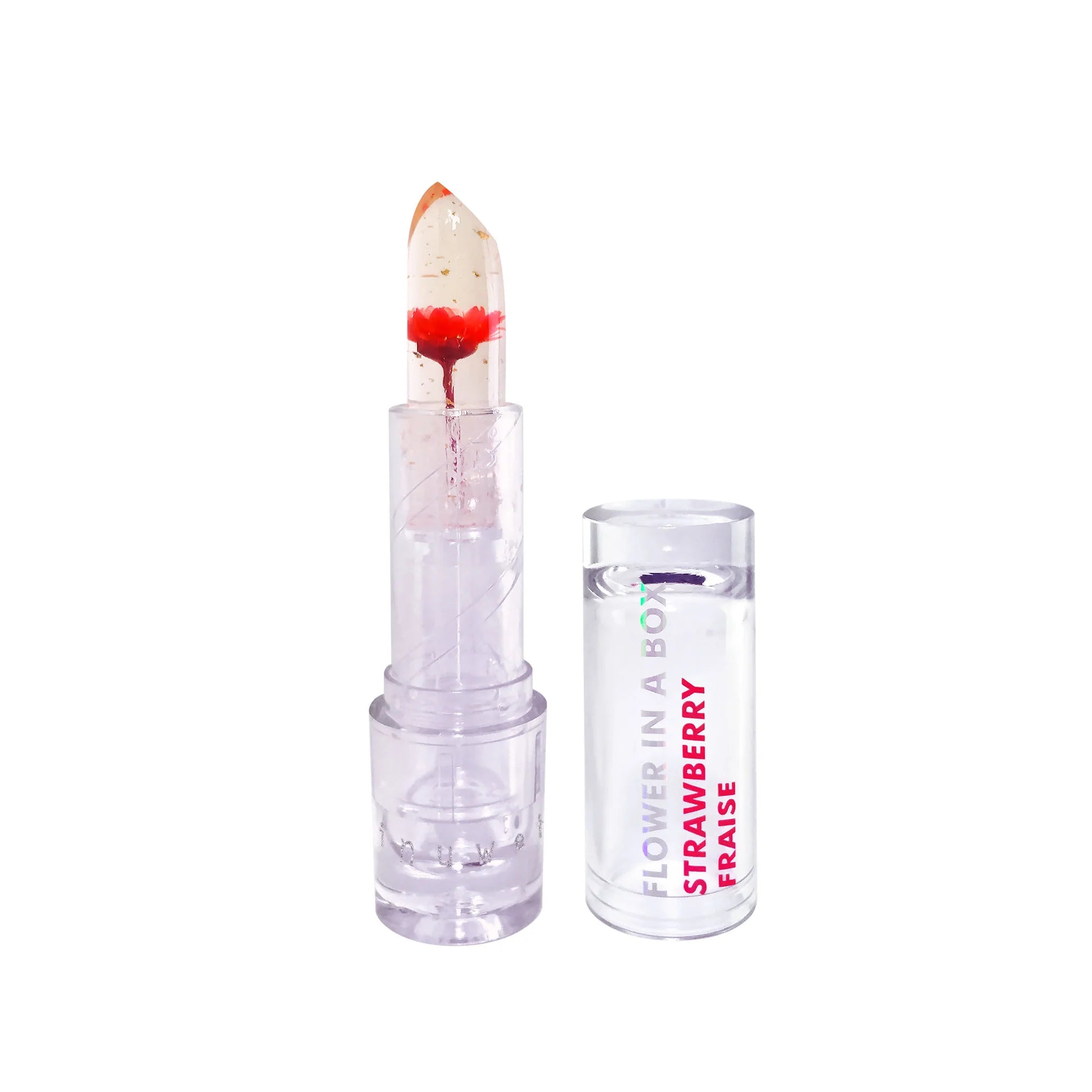 Rouge à lèvres hydratant réagissant au pH des lèvres avec une fleurs à l'intérieur.