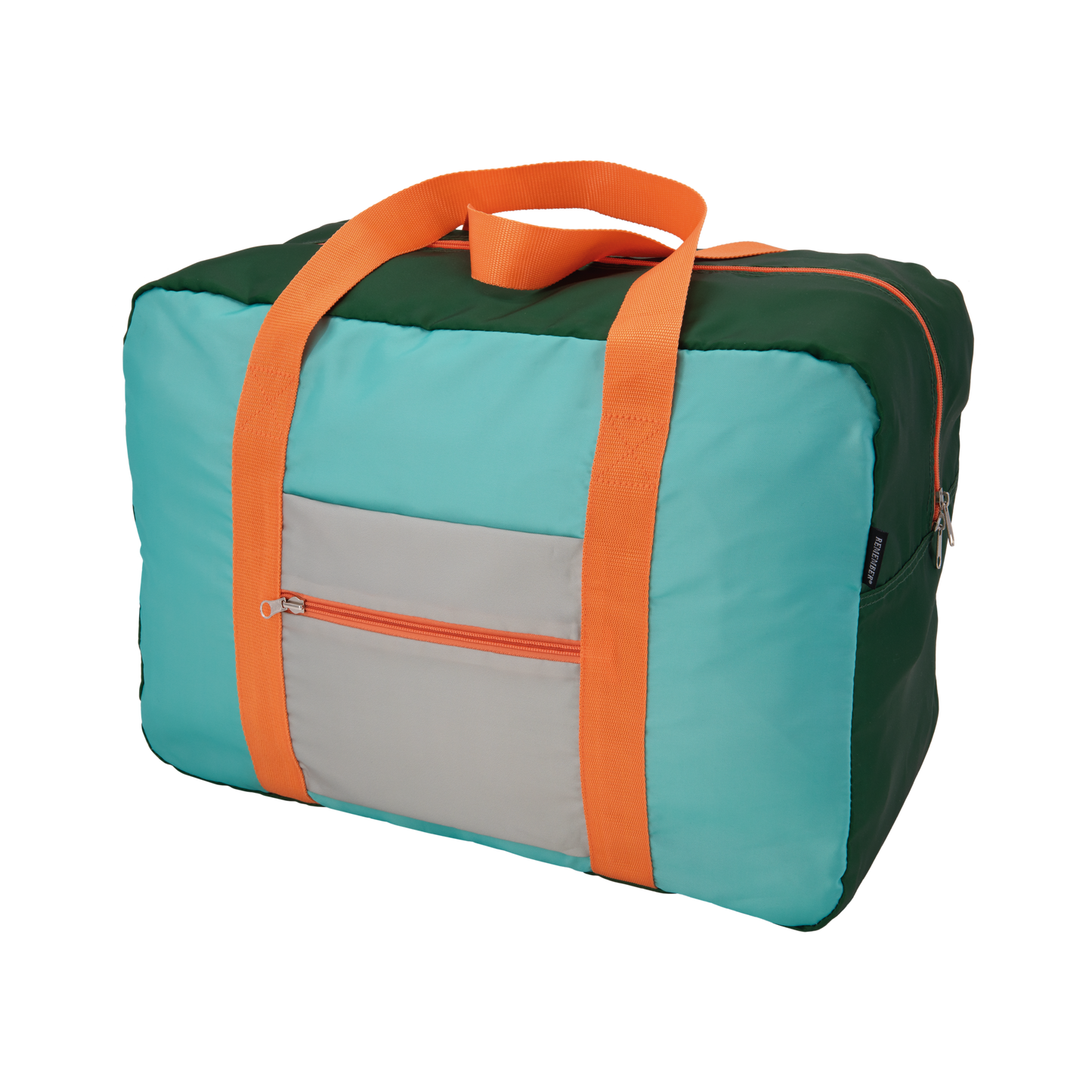 Sac de voyage ou de loisirs pliable et léger, coloris turquoise et vert, anses oranges.