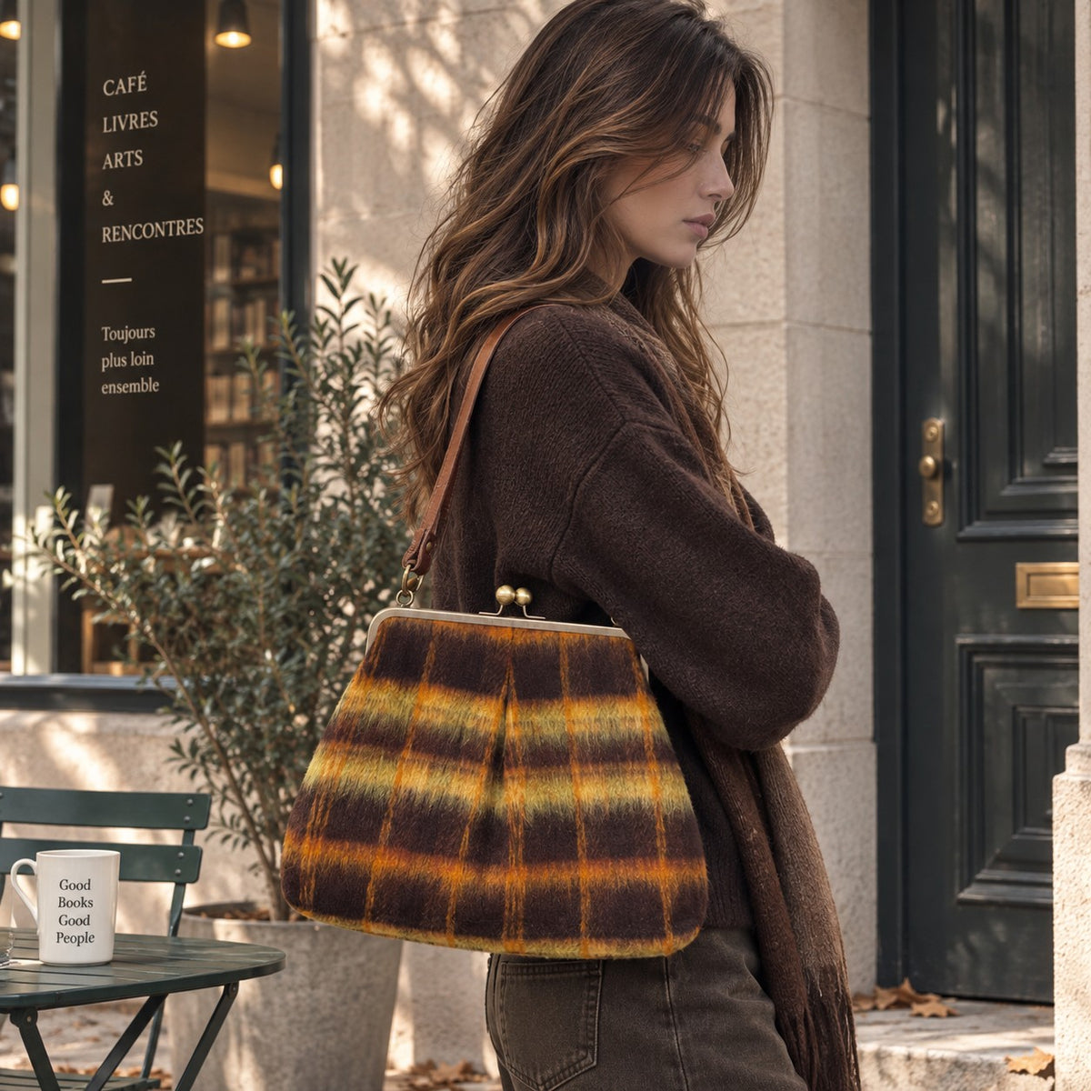 Sac retro en feutrine écossaise avec joli fermoir