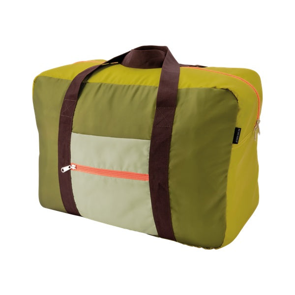 Sac de voyage ou de loisirs pliable et léger, coloris vert, anses marron.