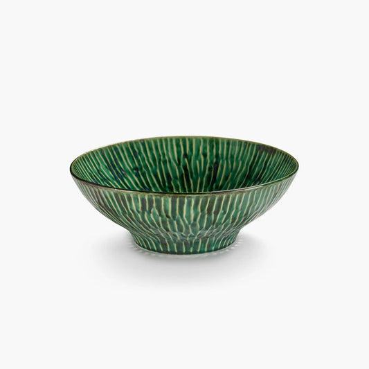 Saladier en grès vert, motif goujé.