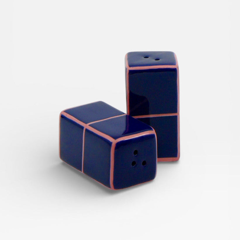 Salière et poivrier rectangulaire, bleu et rose.